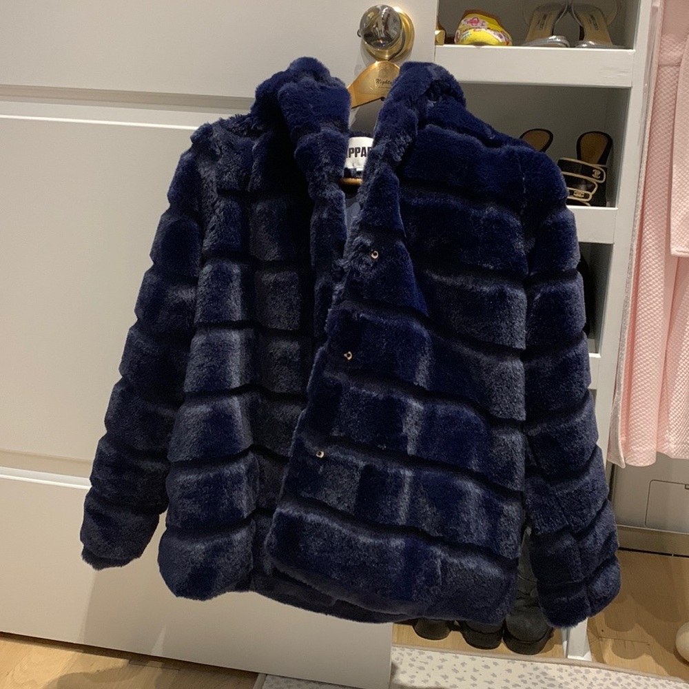 Apparis faux fur navy jacket with hood